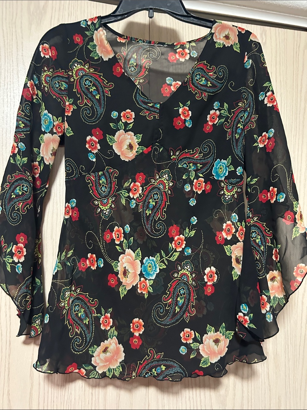 Floral Paisley Black Sheer V-Neck Women's Blouse